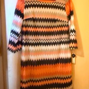 Studio One Zigzag Long Sleeve Dress - Orange, Black, White